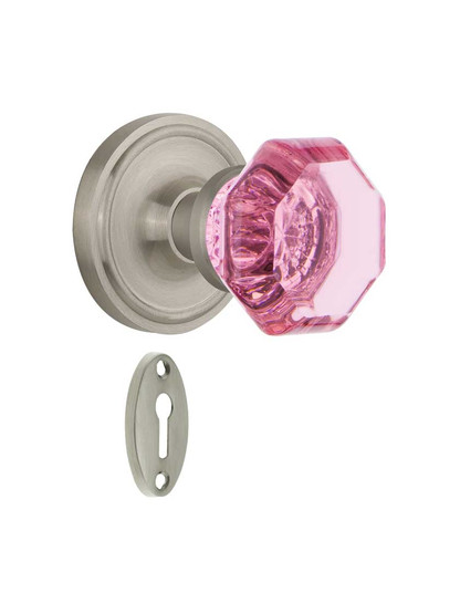 Classic Rosette Mortise Lock Set with Colored Waldorf Crystal Glass Knobs Pink in Satin Nickel.